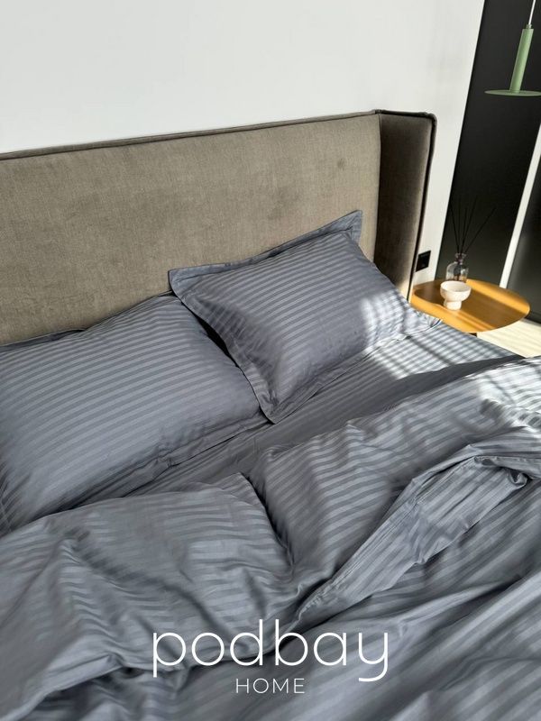 Постельное белье страйп сатин "Серый с синим подтоном" полуторный 9081 фото